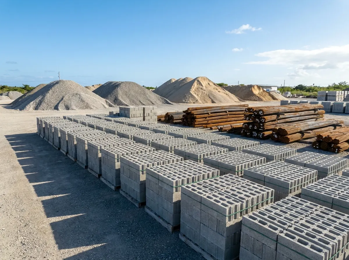 Concrete blocks and aggregates in a supply yard