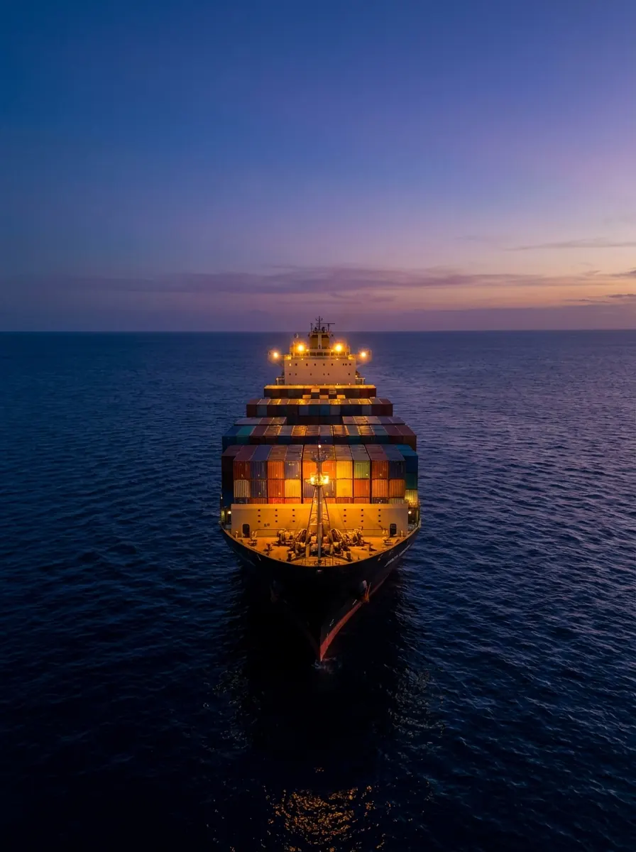 Loaded container ship at dusk