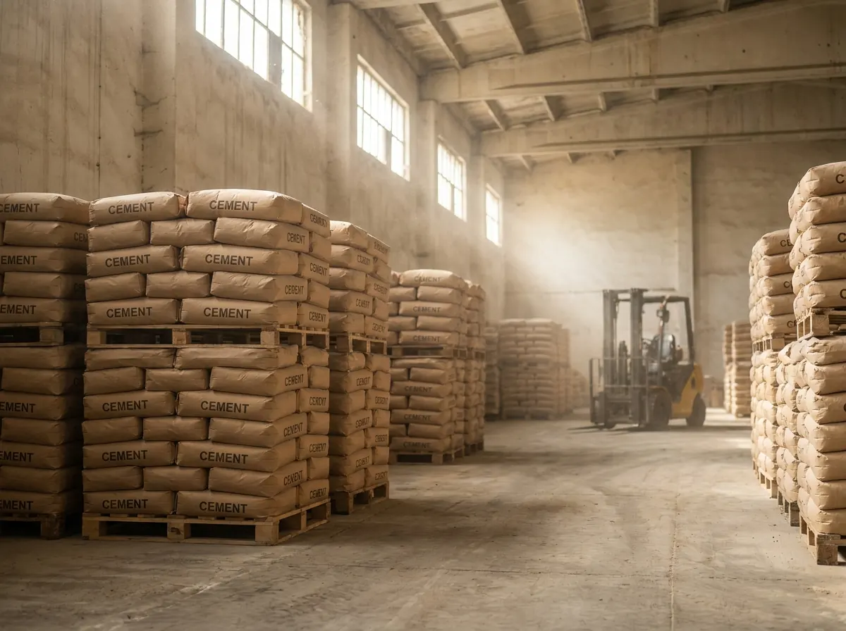 Cement bags stacked in a warehouse