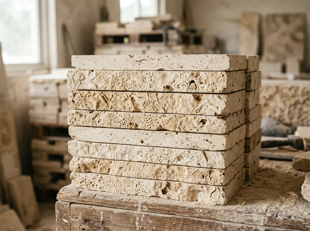 Stacked Dominican coral stone tiles in a stone workshop